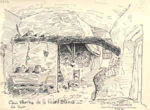 Can Barba de la Pedra Blanca. Una sala de la masia. Dibuix de Mateu Avellaneda (1932)